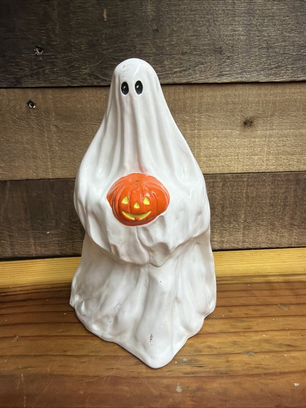 Ceramic Halloween Ghost Figurine with Pumpkin Hand Painted White 8”
